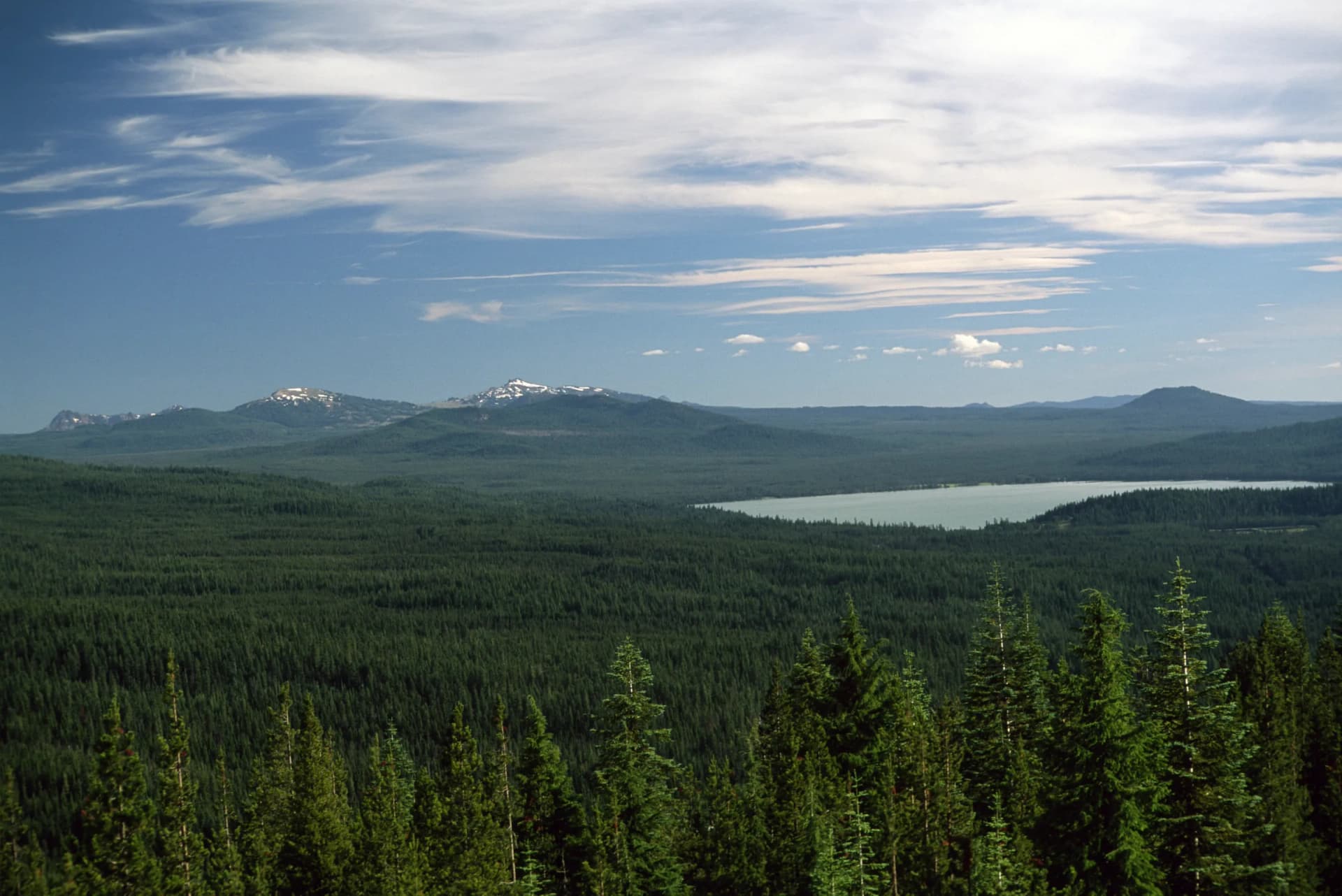 A lake beyond miles of conifer forest under a wide sky
