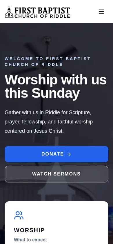 The First Baptist Church of Riddle website on a phone