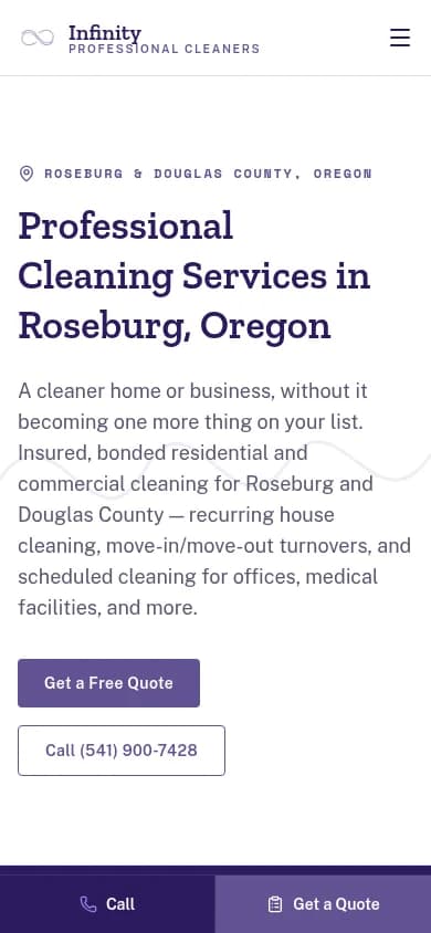 The Infinity Professional Cleaners website on a phone