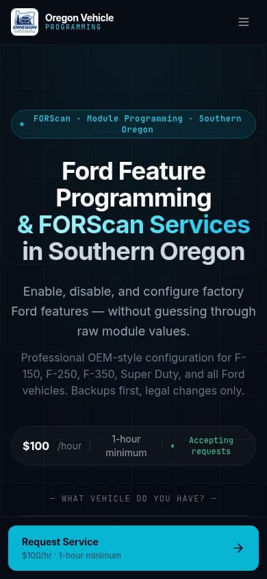 The Oregon Vehicle Programming website on a phone